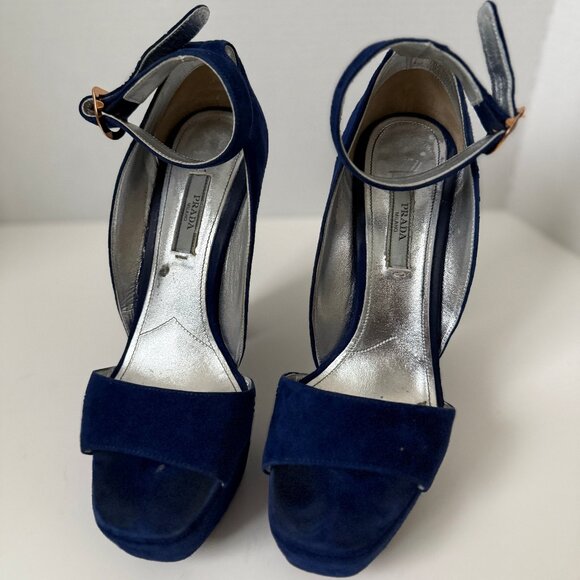 Prada Navy Suede Platform Block Heel Sandals - Picture 1 of 6